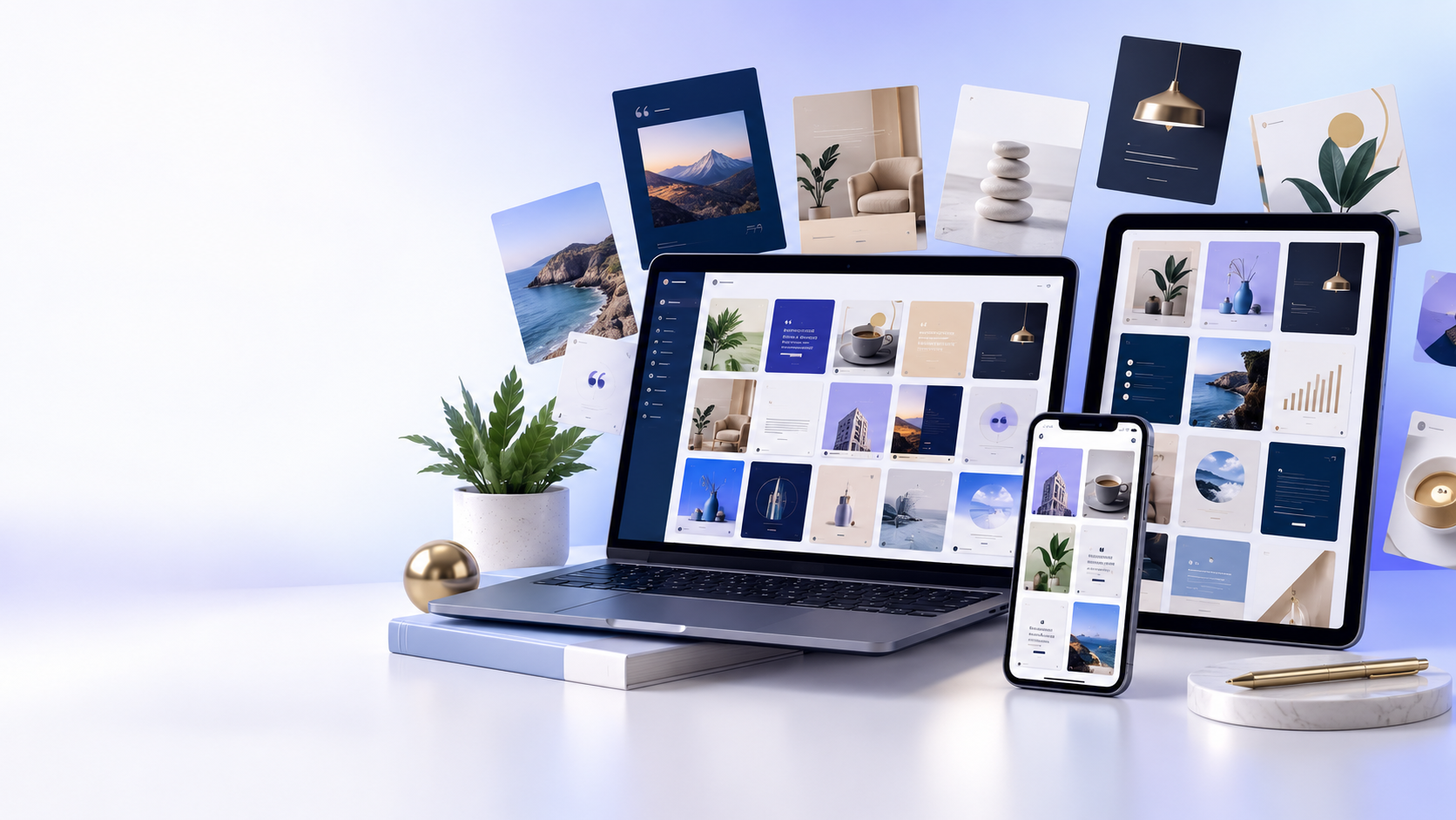 Biblioteca de templates profissionais exibida em notebook, tablet e celular